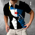 Man wearing a modern graphic short-sleeve shirt with bold color block art and zip collar.