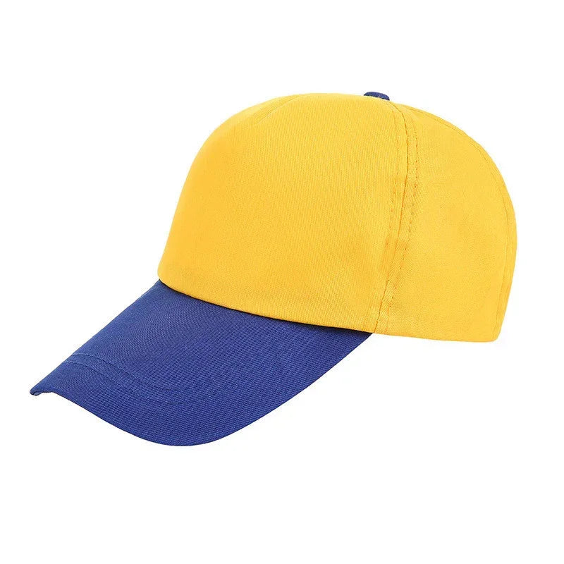 Yellow and blue cotton baseball cap with curved brim, unisex streetwear style
