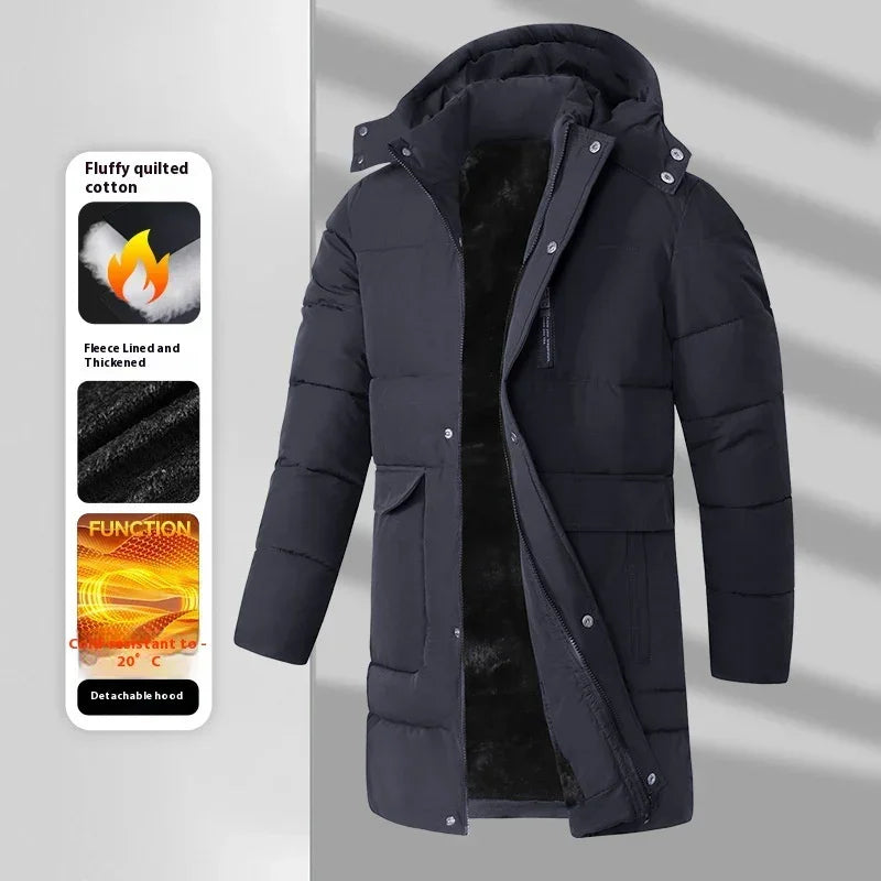 Black puffer jacket with detachable hood, fleece lining, thick quilted cotton, long fit