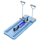 Blue portable resistance rowing exercise machine with foot pedals, handles, and phone holder.