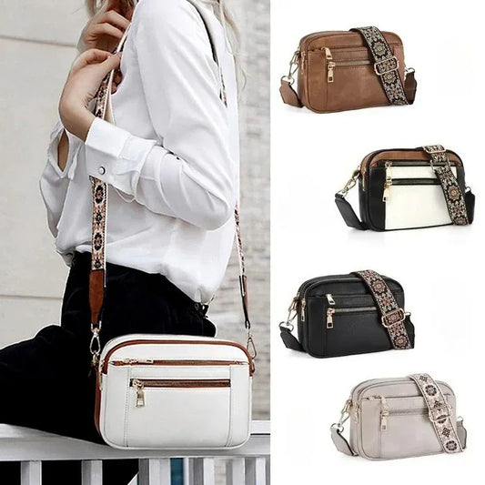 Women’s crossbody shoulder bag with adjustable patterned strap, available in white, black, brown, and beige faux leather, shown styled with a casual outfit.