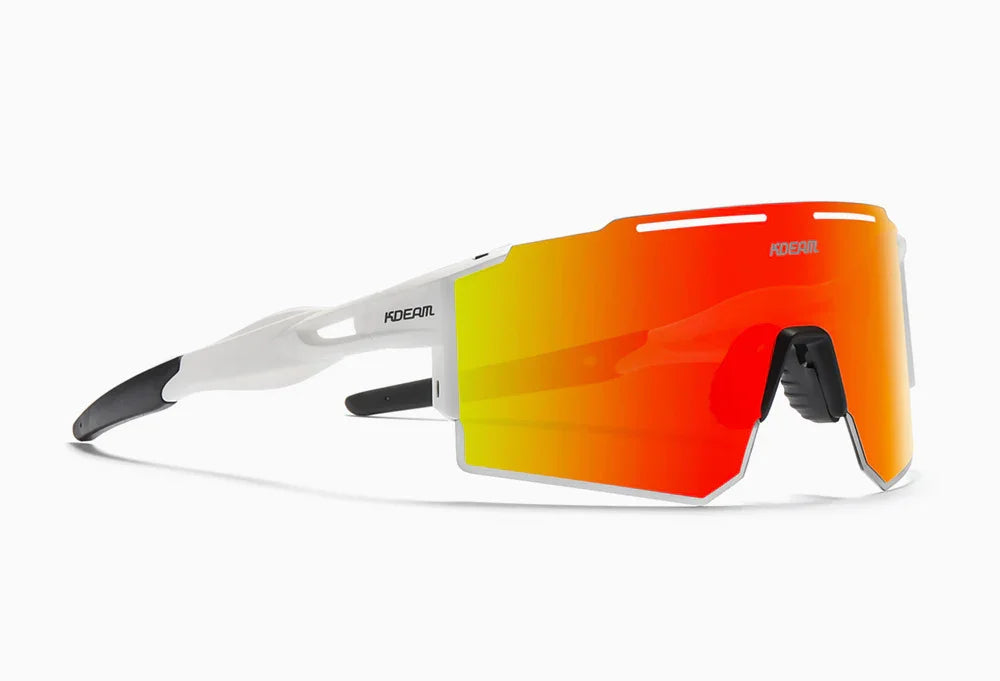 Futuristic sport sunglasses with white frame and large orange mirrored shield lens