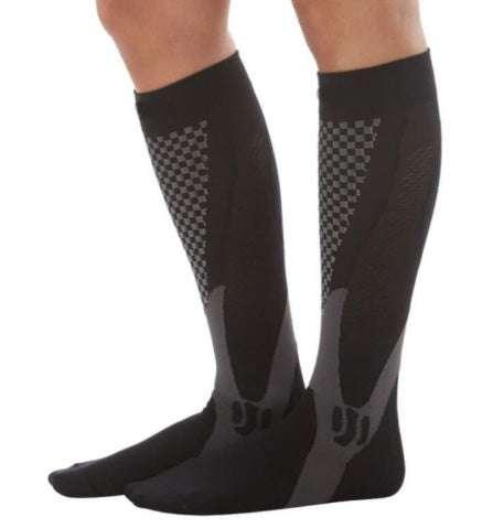 Black knee-high compression socks with checkered and geometric patterns, close fit.