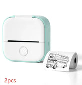 Compact white and mint portable thermal printer with a roll of printed paper