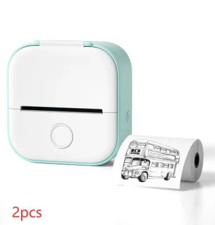 Compact white and mint portable thermal printer with a roll of printed paper