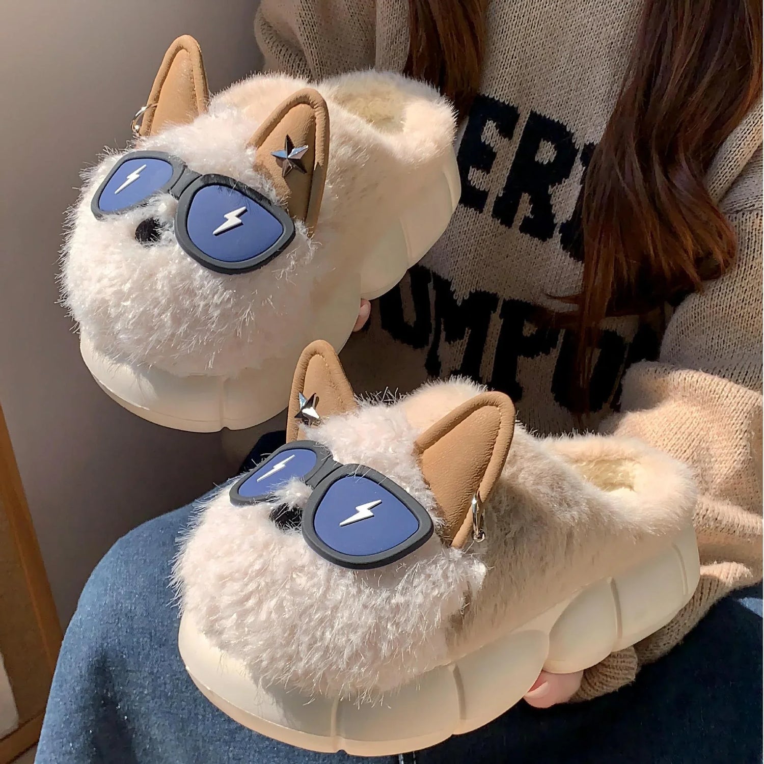 Fuzzy beige dog slippers with 3D ears, star details, and lightning sunglasses, chunky sole