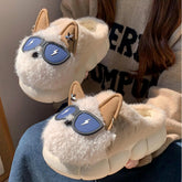 Fuzzy beige dog slippers with 3D ears, star details, and lightning sunglasses, chunky sole