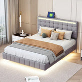 Modern gray upholstered platform bed with LED lighting and neutral bedding in a stylish bedroom