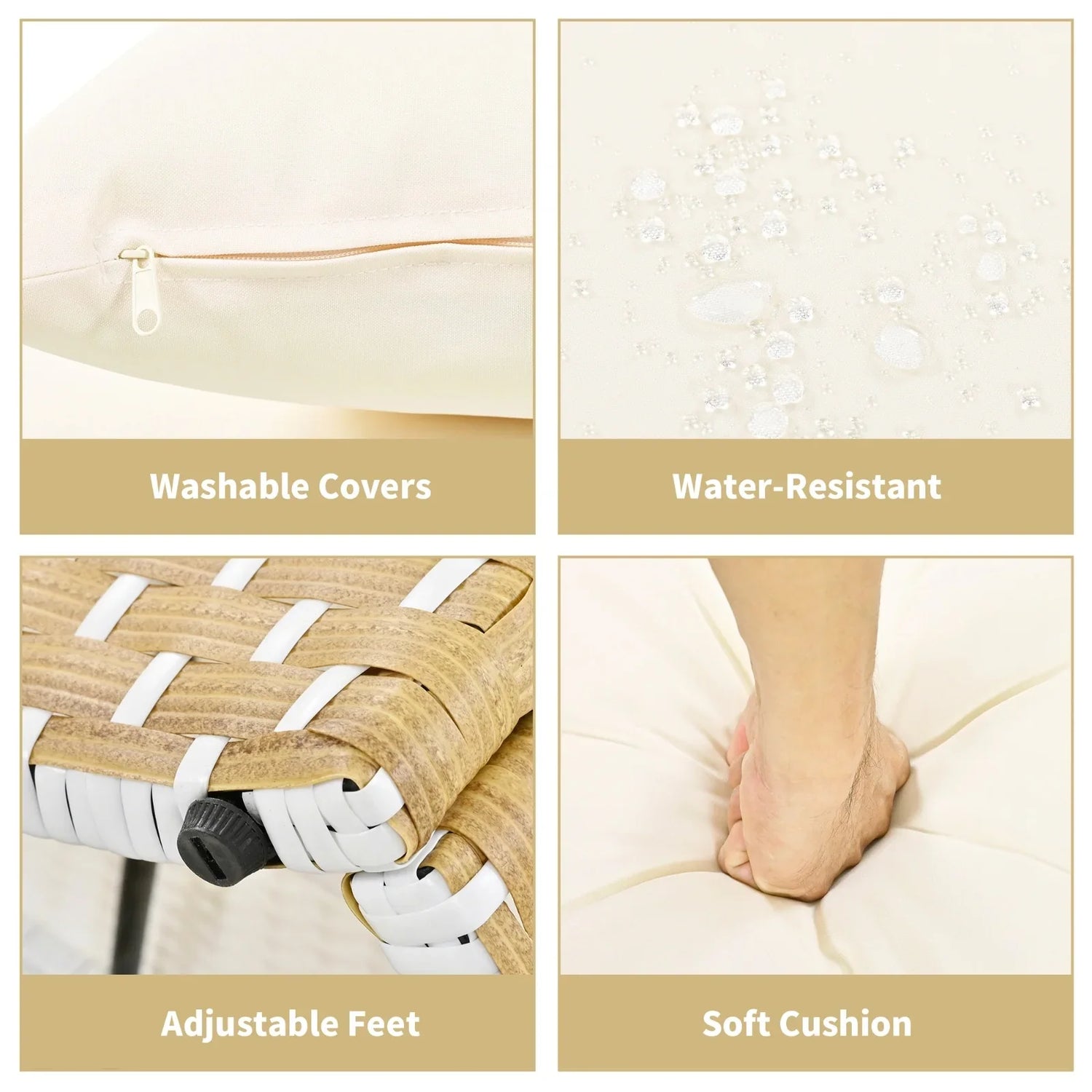 Cream cushion with washable covers, water-resistant fabric, adjustable feet, and soft filling
