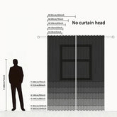 Black sheer curtain size chart with width and height options, window background, no curtain head style.