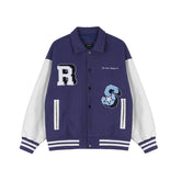 Purple and white varsity jacket with embroidered patches, button-up front, relaxed fit, striped cuffs