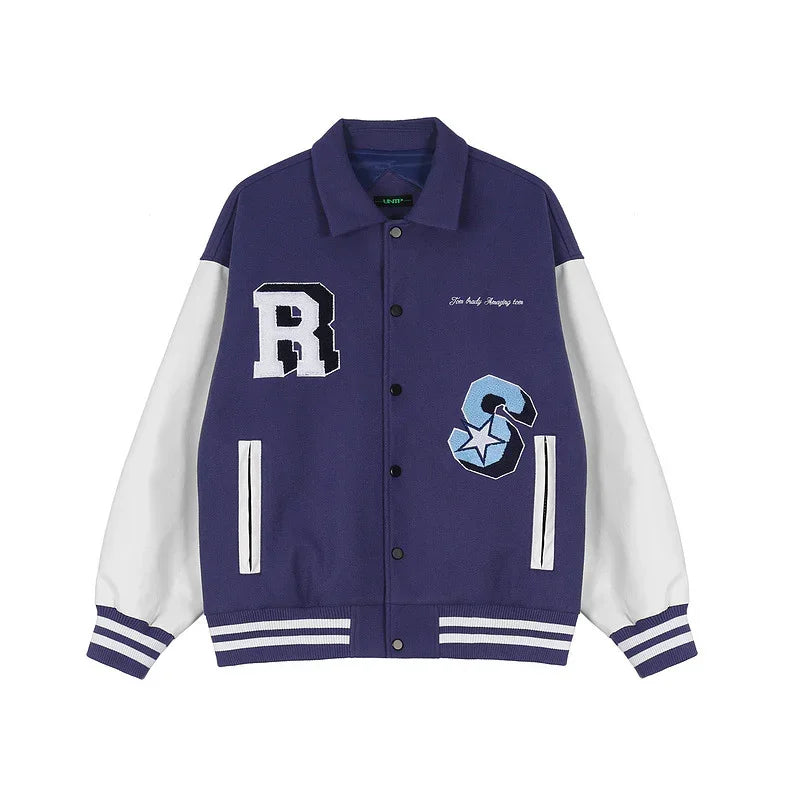 Purple and white varsity jacket with bold chenille patches, striped cuffs, relaxed fit.