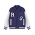 Purple and white varsity jacket with bold chenille patches, striped cuffs, relaxed fit.