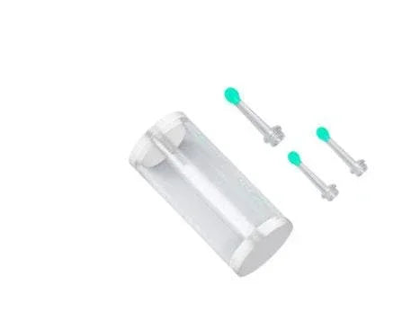Clear cylindrical container with three silver metal tools featuring teal silicone tips