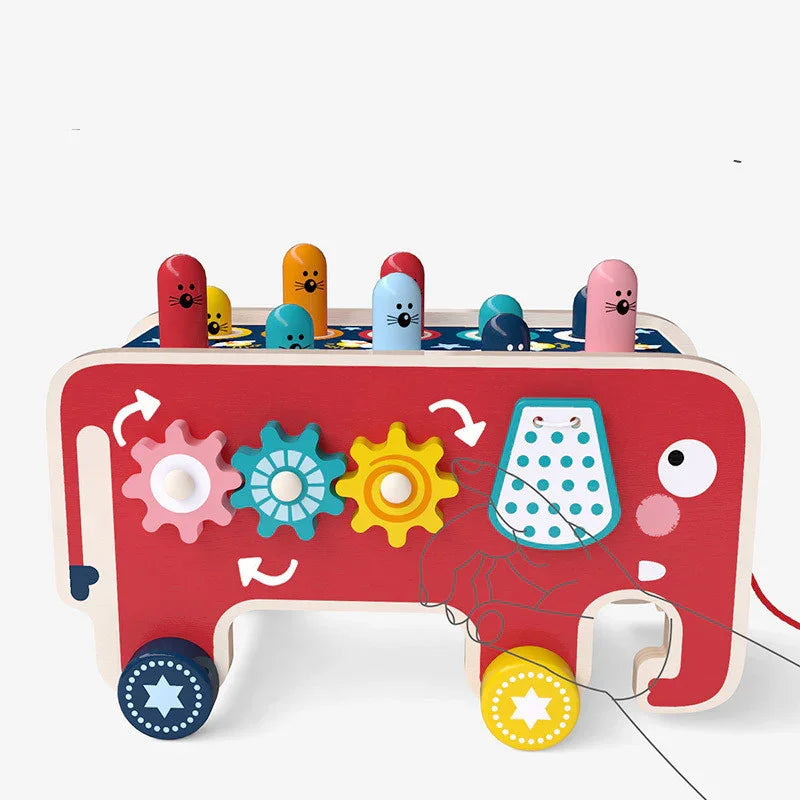 Colorful wooden elephant toy with gears and animal pegs for kids