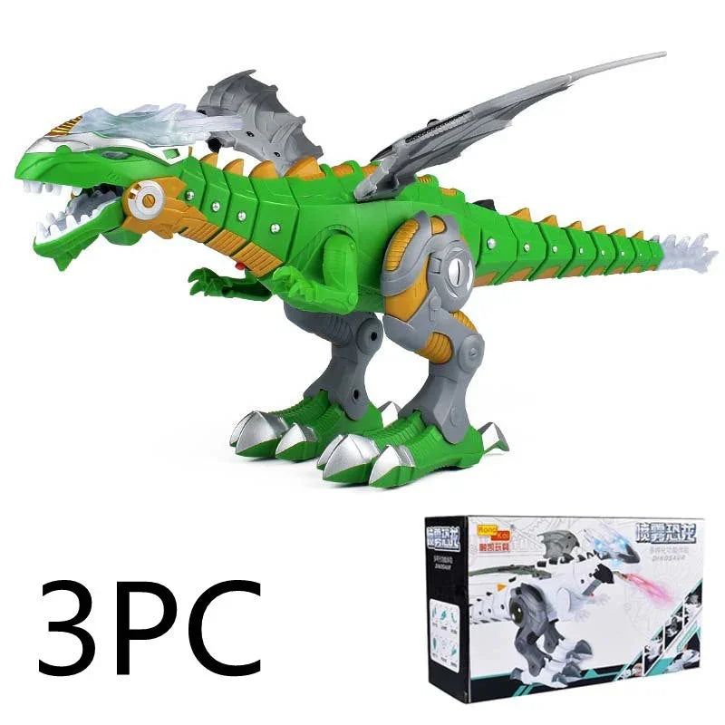 Green and gray robotic dinosaur toy with wings, featuring mechanical details, shown with packaging, 3-piece set.