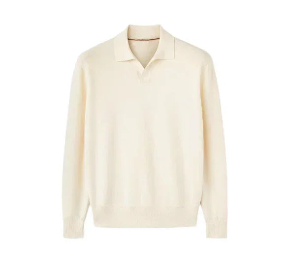 Cream long sleeve knit polo sweater with relaxed fit and soft texture