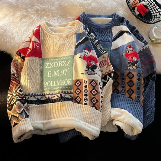 Colorful patchwork knit sweaters with cartoon and geometric patterns, relaxed fit, cozy material