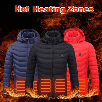 Heated puffer jackets in black, blue, and red with hoods, thermal zones highlighted, slim fit