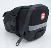 Black nylon zippered pouch with reflective strip, mesh detailing, and side buckle strap