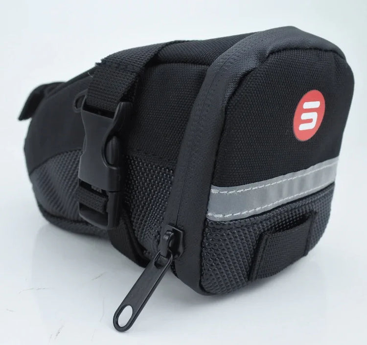 Black nylon zippered pouch with reflective strip, mesh detailing, and side buckle strap