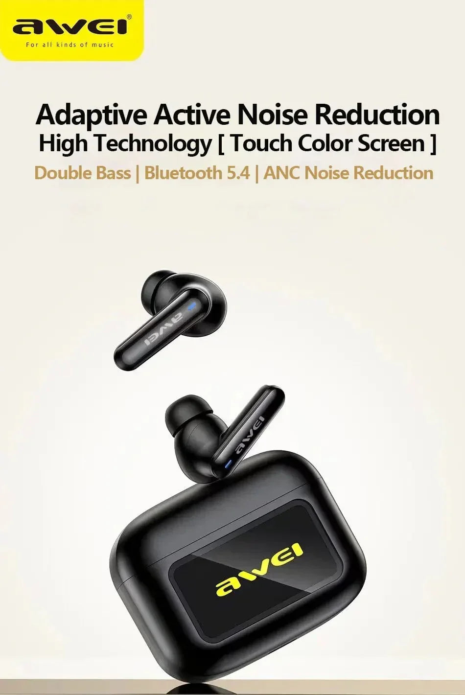 Black wireless earbuds with glossy finish and charging case, modern tech accessory.