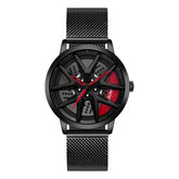 Futuristic black mesh strap watch with red and black dial, skeleton design, modern fit