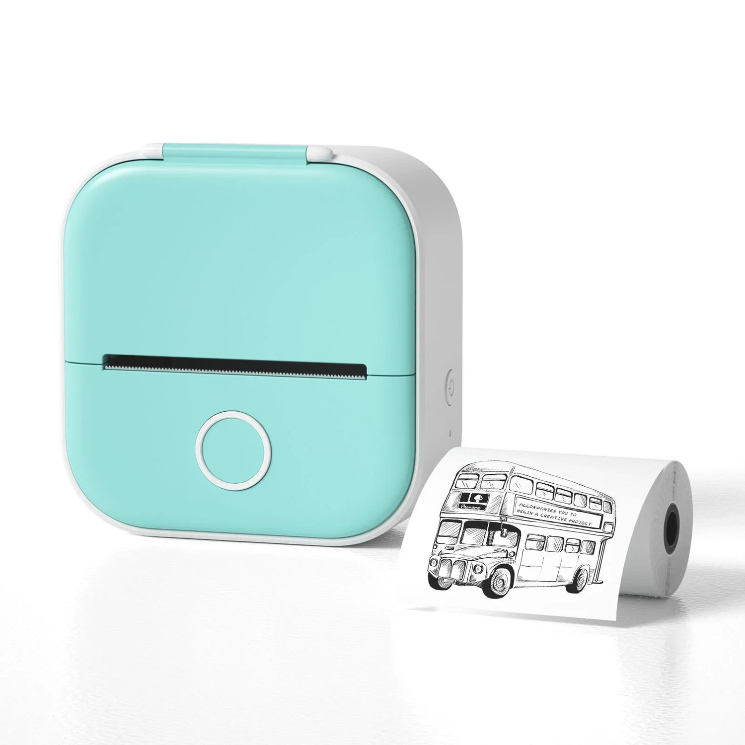 Compact mint green portable thermal printer with printed illustration on white paper roll