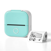 Compact mint green portable thermal printer with printed illustration on white paper roll