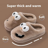 Brown plush cartoon face slippers with thick, soft, warm faux fur and cushioned fit