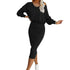 Woman wearing black off-shoulder long sleeve top and fitted midi skirt set, casual style