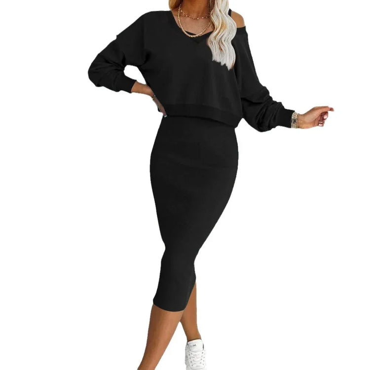 Woman wearing black off-shoulder long sleeve top and fitted midi skirt set, casual style