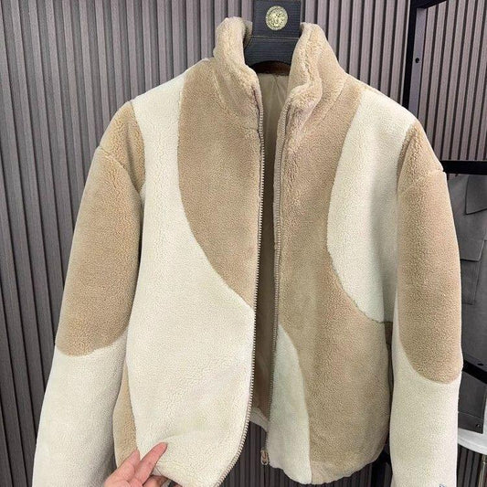 Beige and cream colorblock sherpa fleece jacket with a relaxed fit and zip-up front
