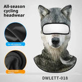 Wolf-print cycling balaclava with ice silk and thermal velvet material, full face cover.