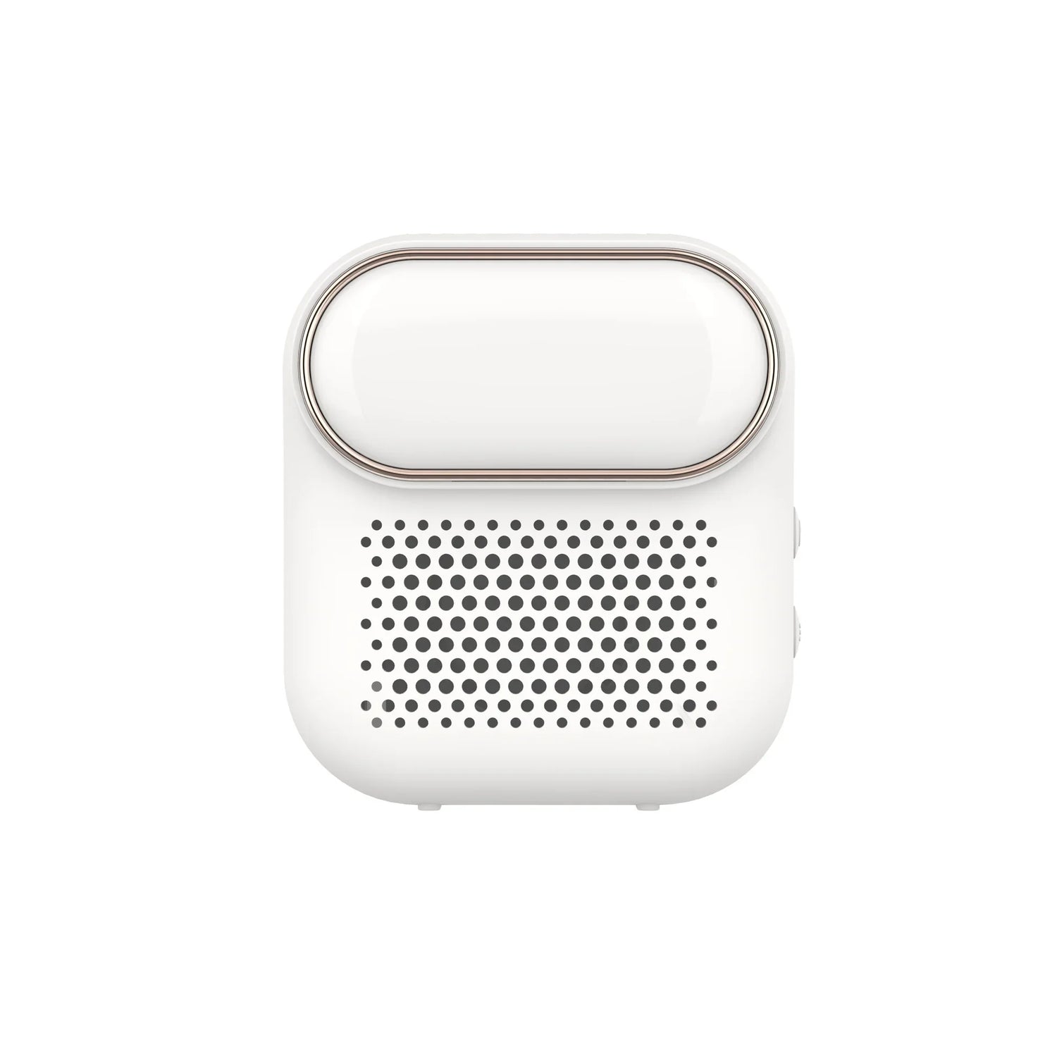 White compact wireless speaker with rounded design and perforated grill front