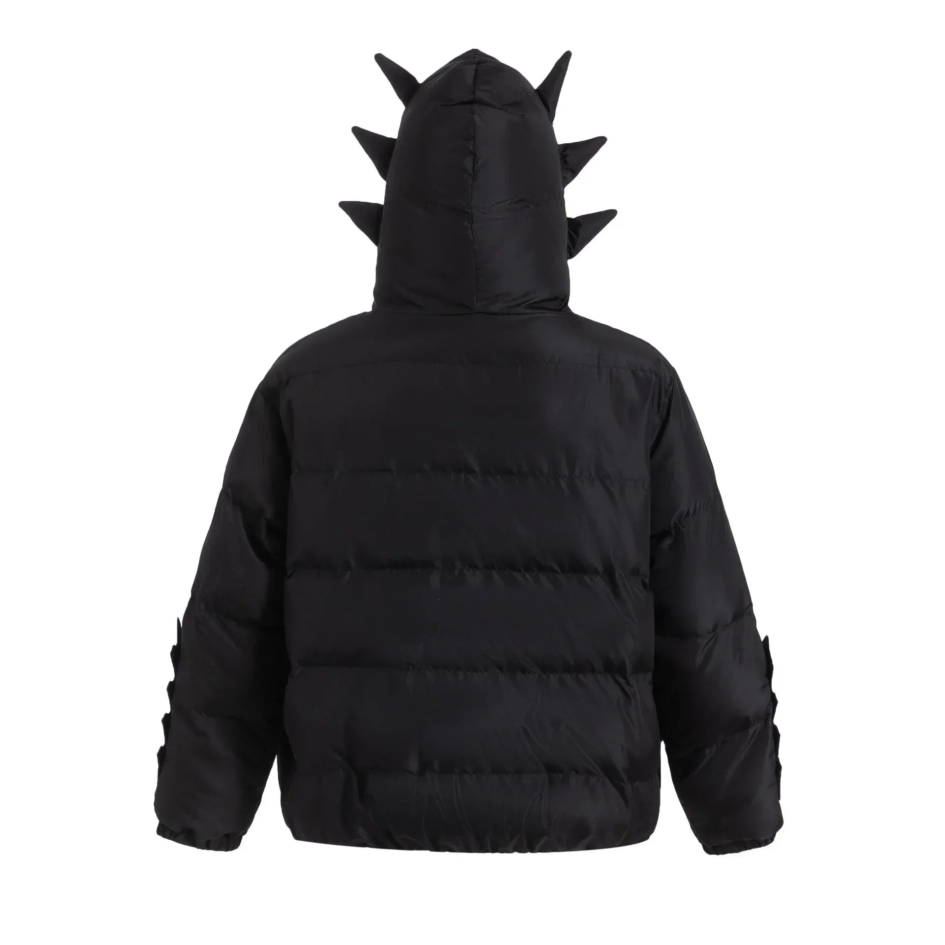 Black puffer jacket with a spiked hood, oversized fit, modern streetwear style