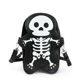 Black faux leather crossbody bag with white cartoon skeleton graphic, adjustable strap, streetwear style