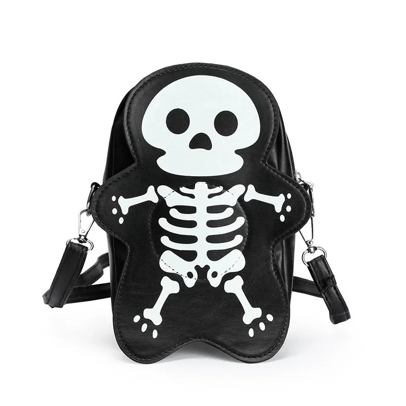 Black faux leather crossbody bag with white cartoon skeleton graphic, adjustable strap, streetwear style