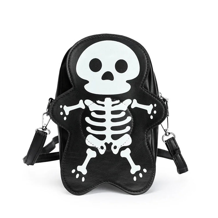 Black faux leather crossbody bag with white cartoon skeleton graphic, adjustable strap, streetwear style