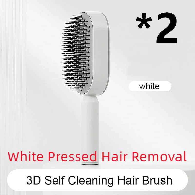 White self-cleaning 3D hair brush with plastic bristles and ergonomic handle