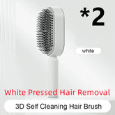 White self-cleaning 3D hair brush with plastic bristles and ergonomic handle