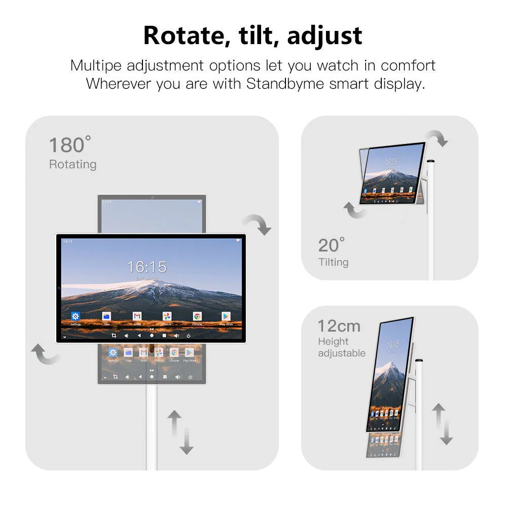 Smart display monitor demonstrating 180 degree rotation, 20 degree tilt, and 12cm height adjustment settings.