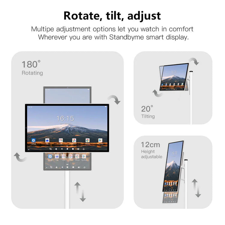 Smart display monitor demonstrating 180 degree rotation, 20 degree tilt, and 12cm height adjustment settings.