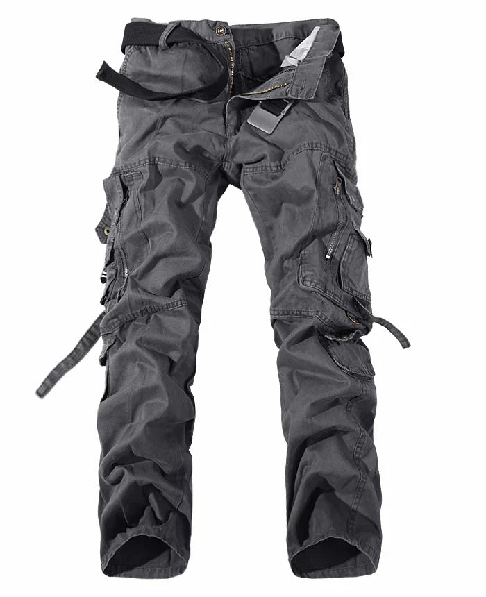 Men's black cargo pants with multiple pockets, cotton fabric, relaxed fit, streetwear style