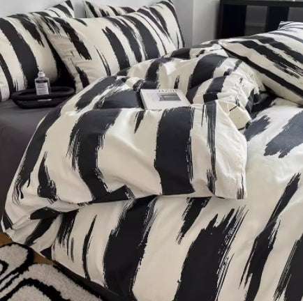 Black and white gradient color bed cotton bedding set with abstract brush stroke pattern