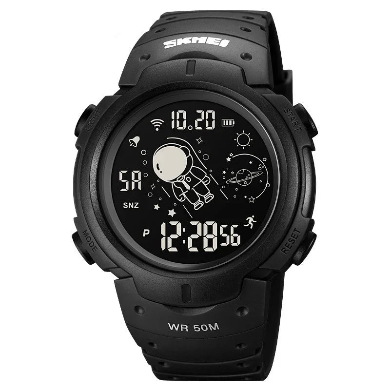 Black digital wristwatch with astronaut-themed display and black rubber strap