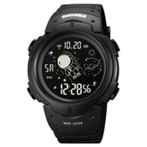 Black digital wristwatch with astronaut-themed display and black rubber strap