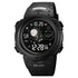 Black digital wristwatch with astronaut-themed display and black rubber strap