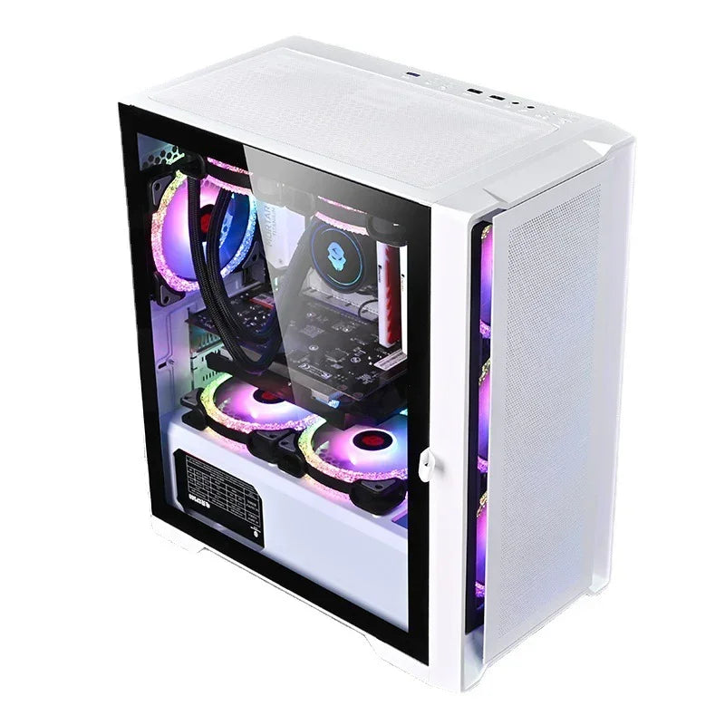 White gaming PC tower with tempered glass side panel and RGB LED cooling fans