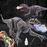 Remote control dinosaur toy with textured scales, red eyes, and smoke-breathing feature.